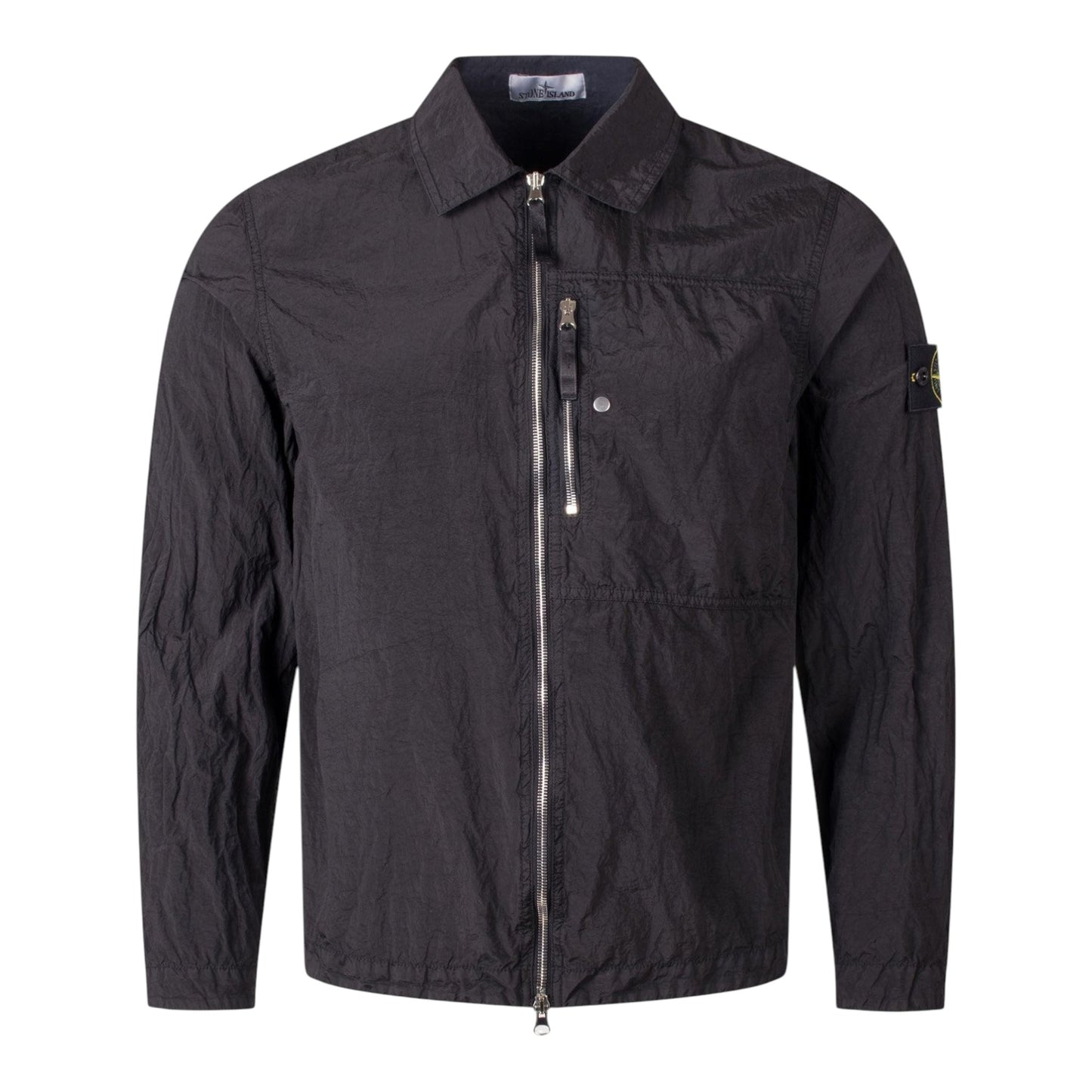 Urban Saints black Stone Island crinkled technical zip-up overshirt with chest pocket and sleeve compass patch.