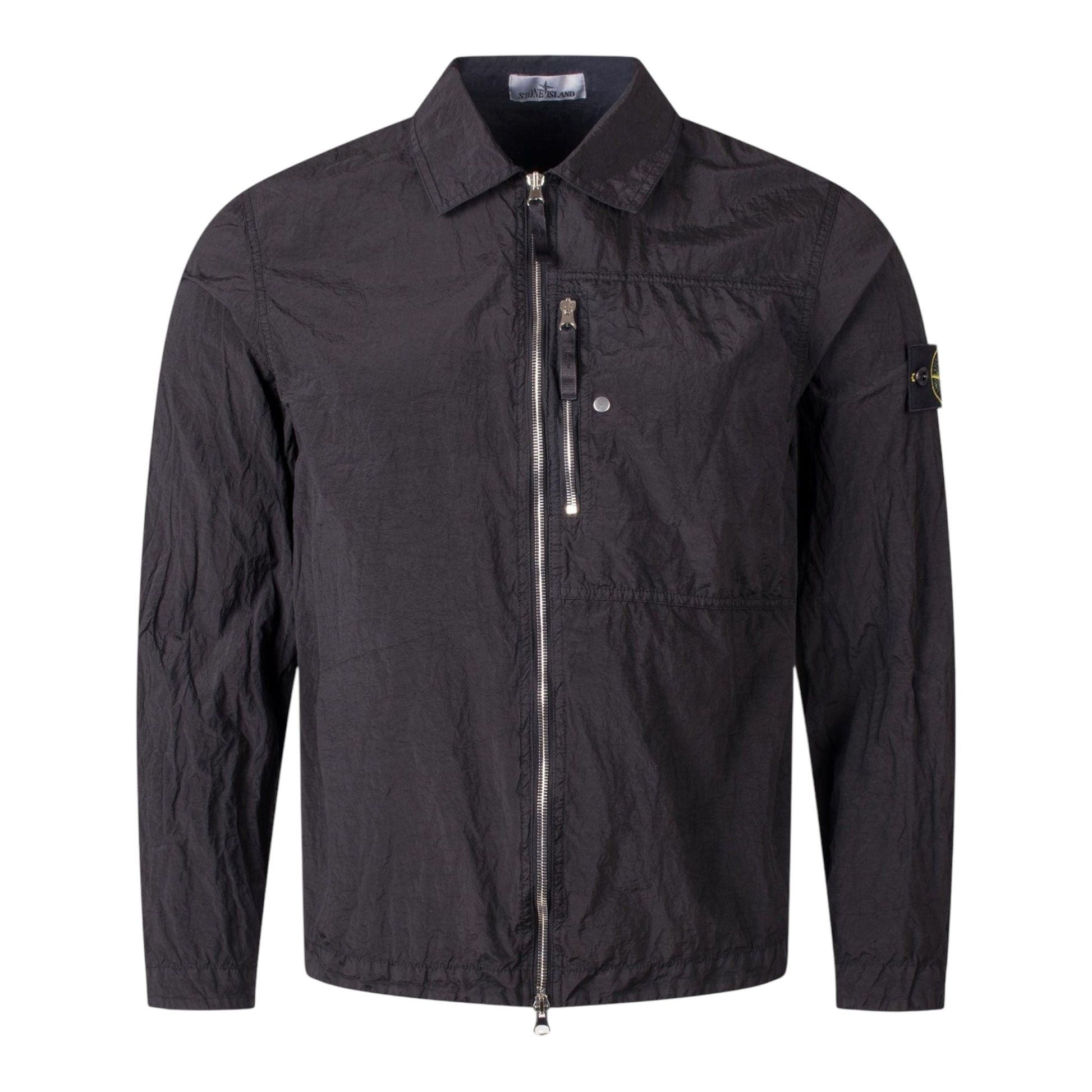 Urban Saints black Stone Island crinkled technical zip-up overshirt with chest pocket and sleeve compass patch.
