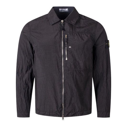 Urban Saints black Stone Island crinkled technical zip-up overshirt with chest pocket and sleeve compass patch.