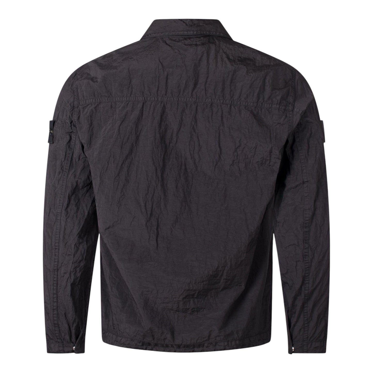 Back view of a black Urban Saints Stone Island lightweight crinkled technical fabric zip-up overshirt jacket.