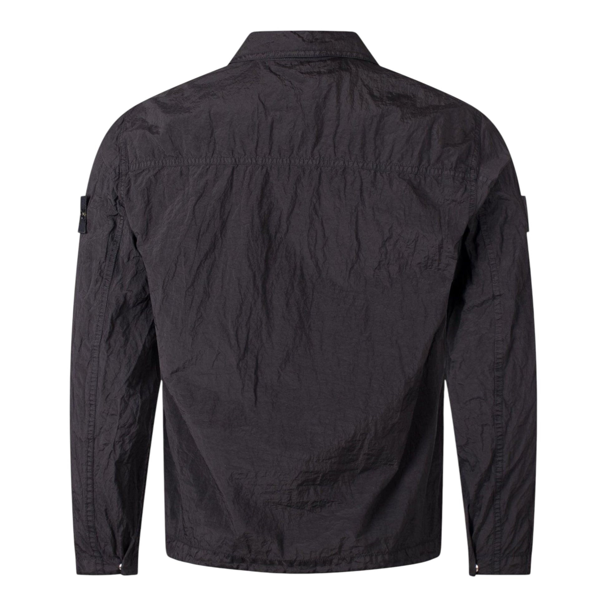 Back view of a black Urban Saints Stone Island lightweight crinkled technical fabric zip-up overshirt jacket.