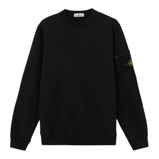 Urban Saints black Stone Island crewneck sweatshirt in soft cotton with signature sleeve patch and ribbed trim.