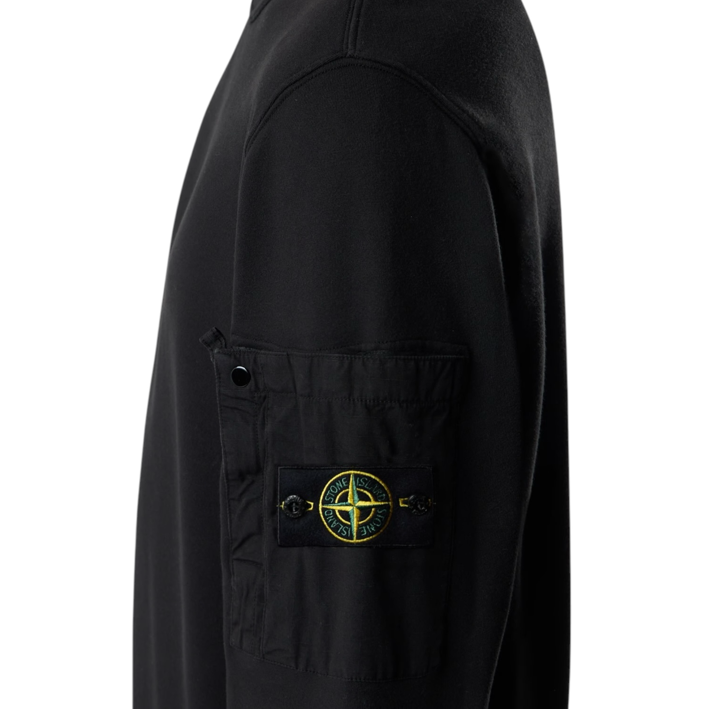 Urban Saints black Stone Island crewneck sweatshirt featuring the signature sleeve patch and soft cotton fabric.