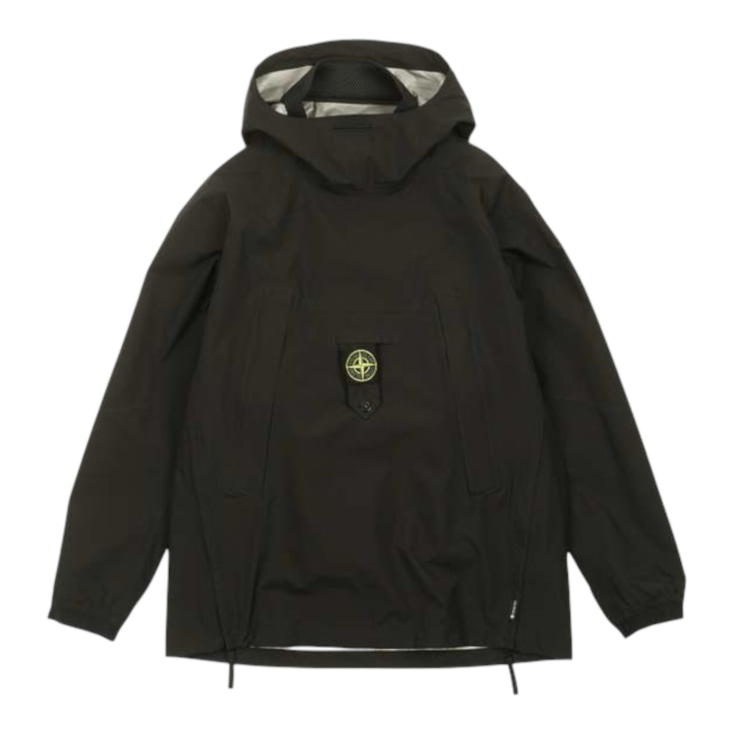 Urban Saints black Stone Island technical hooded smock with signature compass patch and weather-resistant fabric.