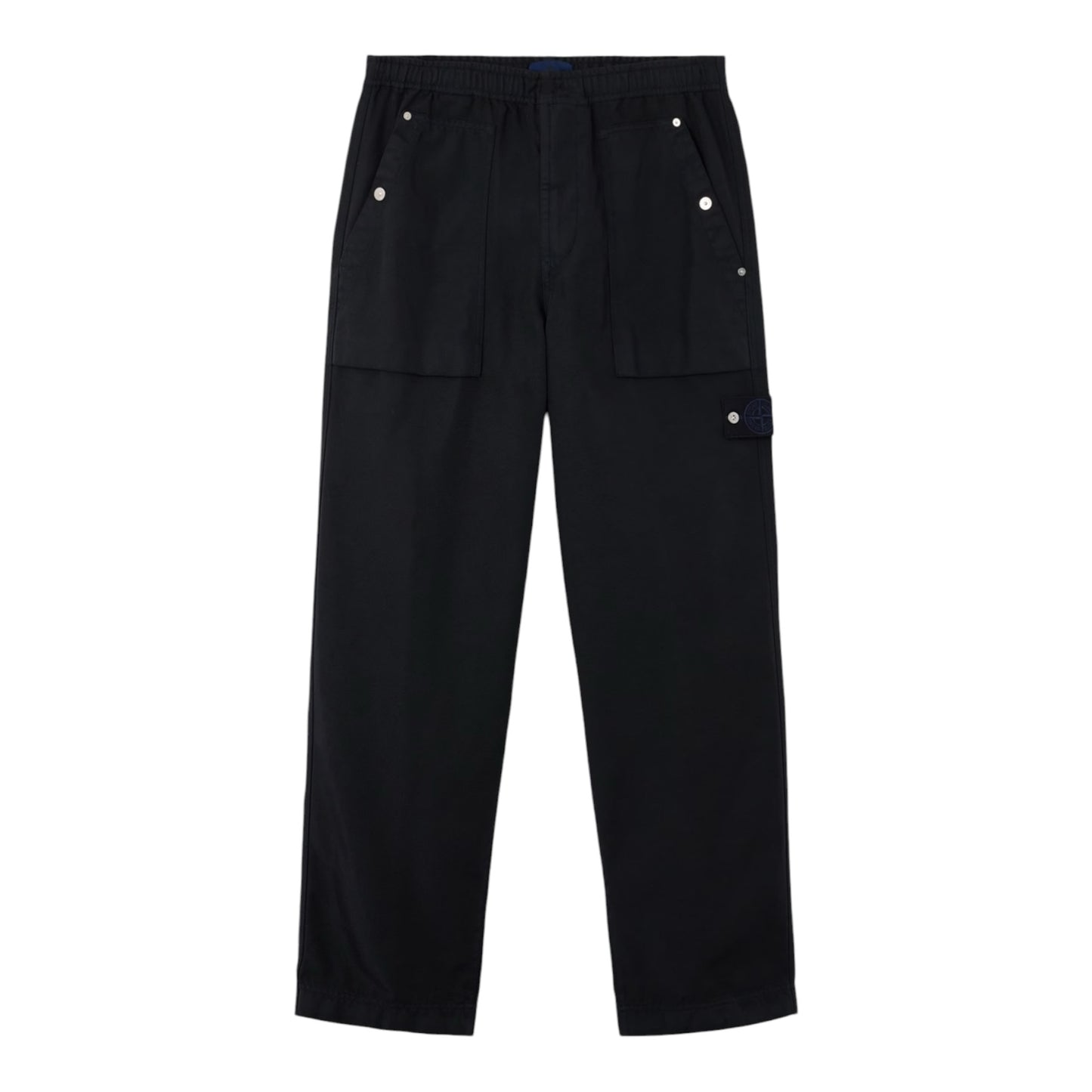 Urban Saints Stone Island black cotton utility trousers with elasticated waistband, front pockets and leg patch.