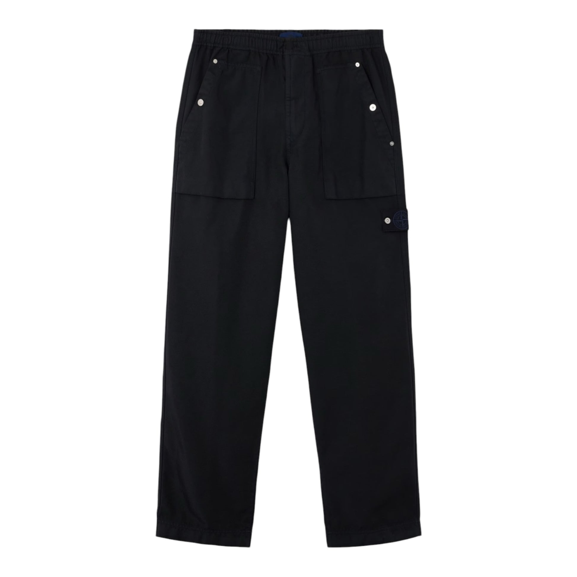 Urban Saints Stone Island black cotton utility trousers with elasticated waistband, front pockets and leg patch.