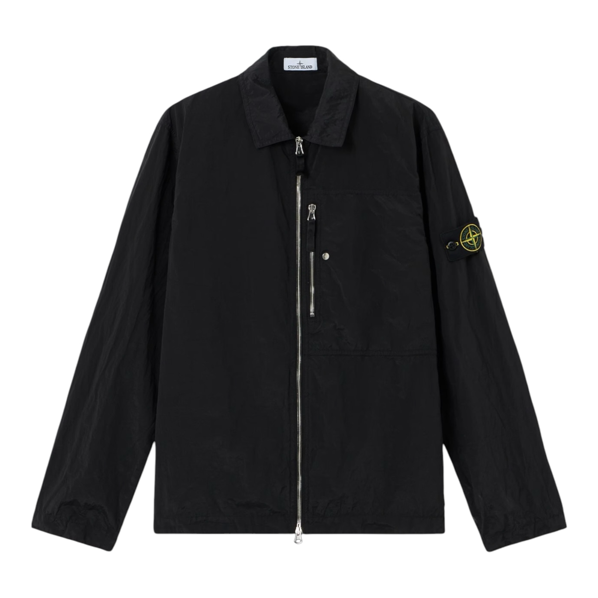 Urban Saints black Stone Island lightweight zip-up overshirt with crinkled texture and iconic sleeve compass patch.