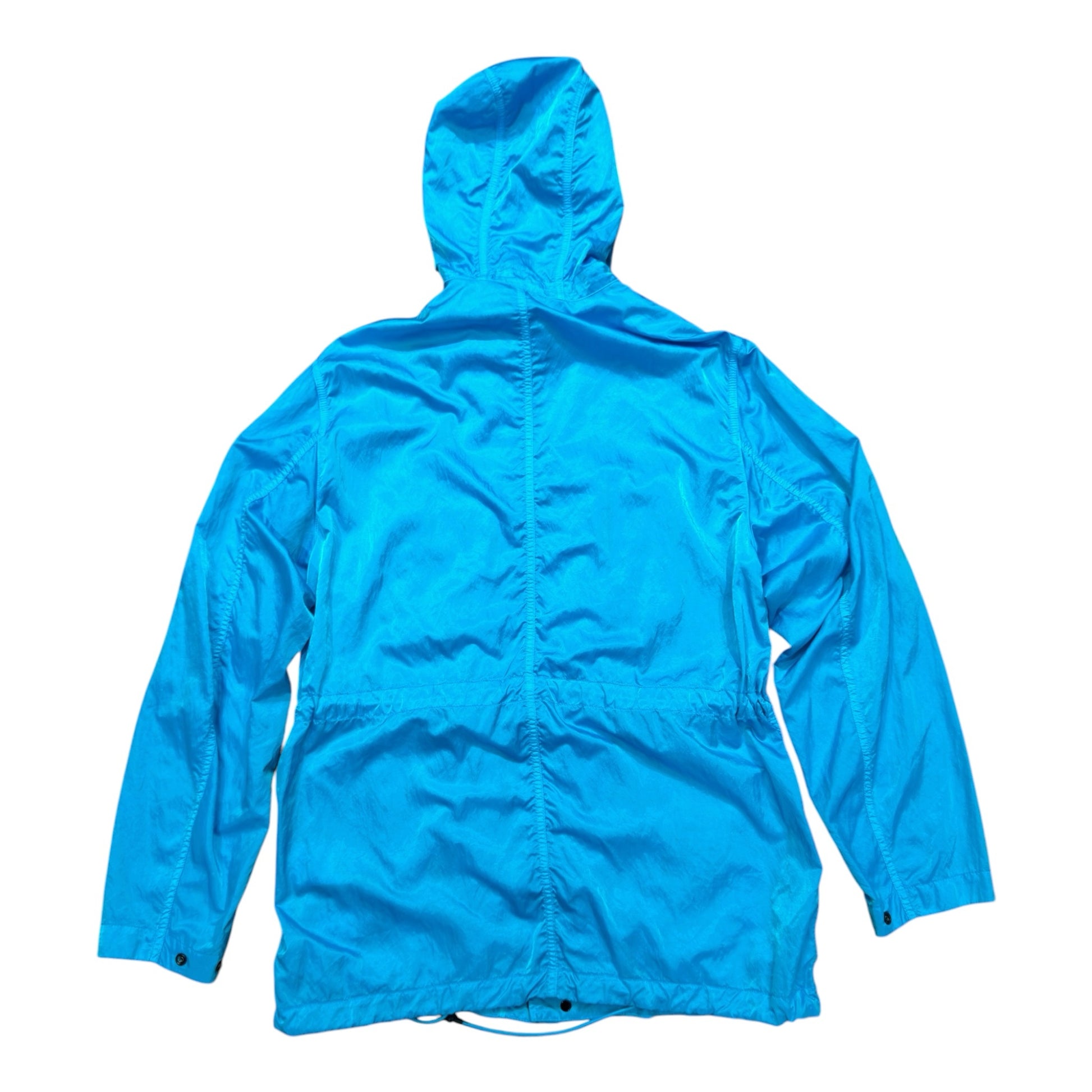 Urban Saints Stone Island blue nylon hooded jacket with drawstring waist and satin finish, back view.