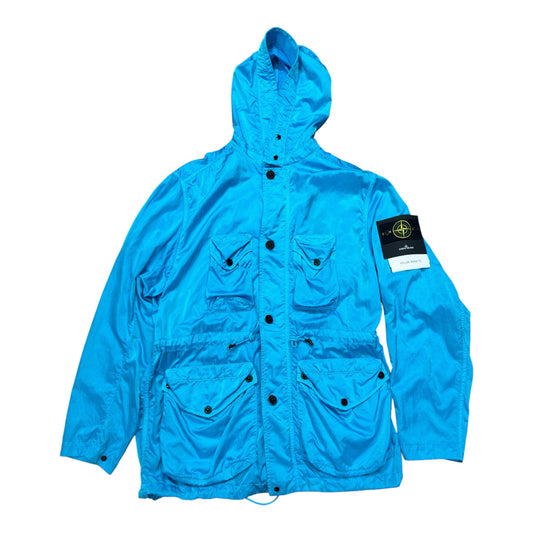 Urban Saints Stone Island blue nylon satin hooded jacket with four front pockets and signature sleeve compass patch.