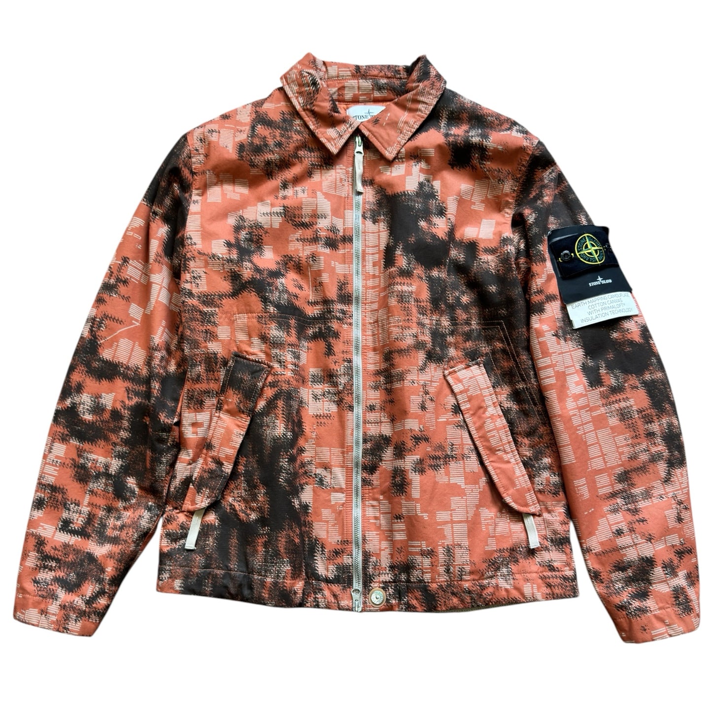 Urban Saints Stone Island cotton canvas jacket in orange earth mapping camouflage print with compass sleeve patch.