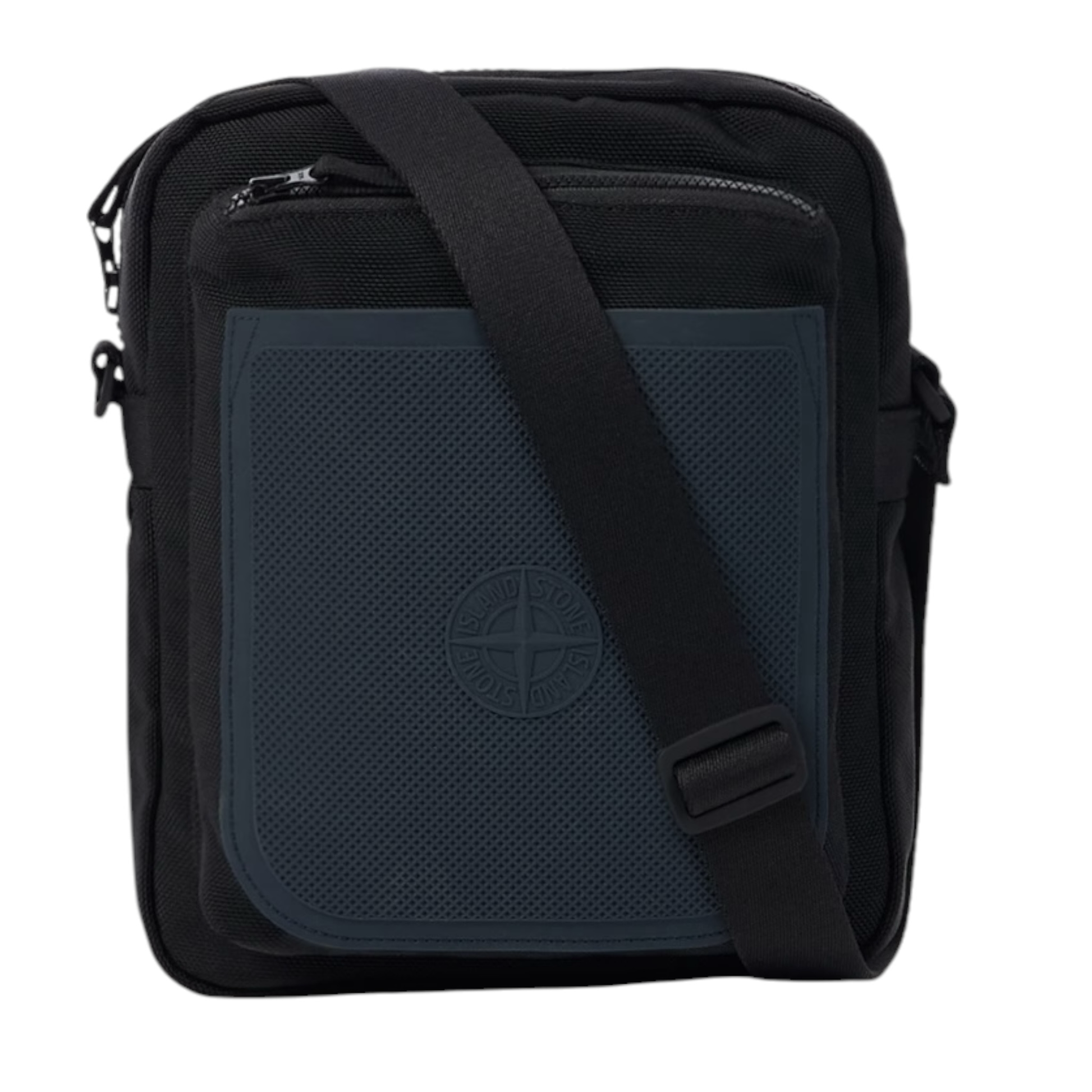 Urban Saints black nylon crossbody bag with navy blue textured panel and embossed Stone Island logo. Zip pockets and adjustable strap.