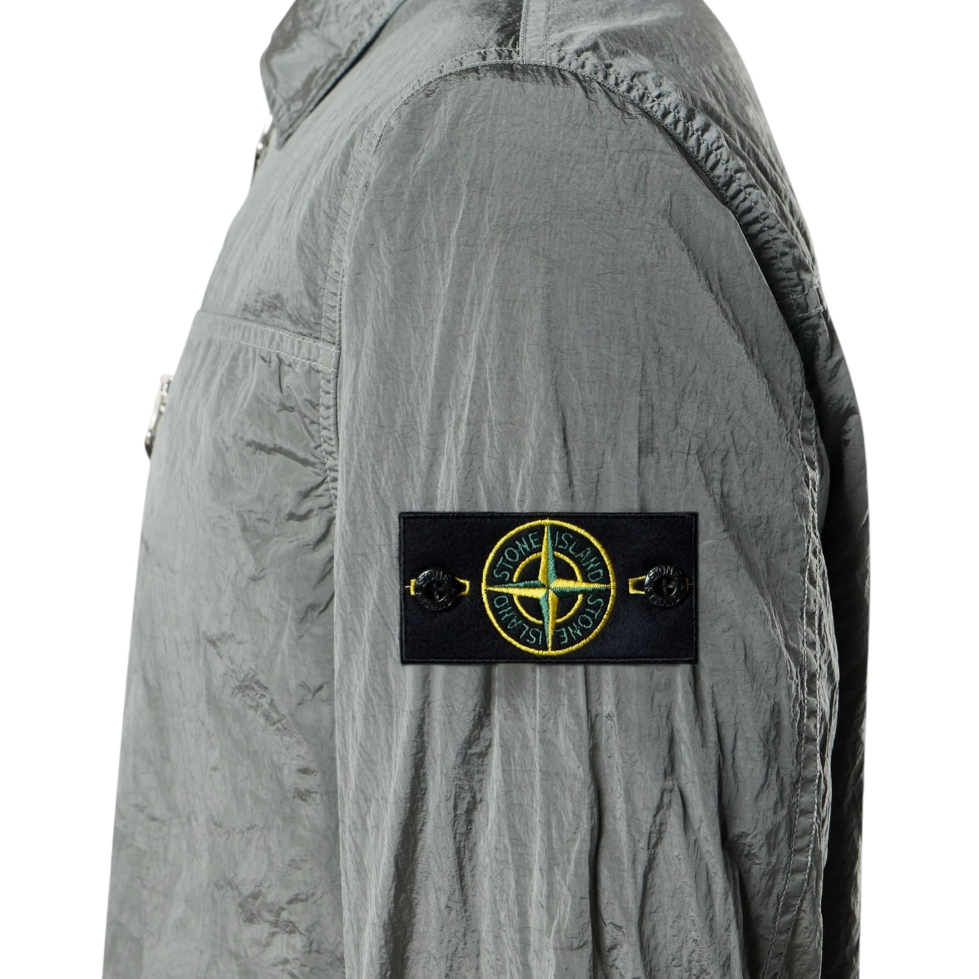 Urban Saints Stone Island grey crinkled lightweight zip-up overshirt with iconic sleeve compass patch