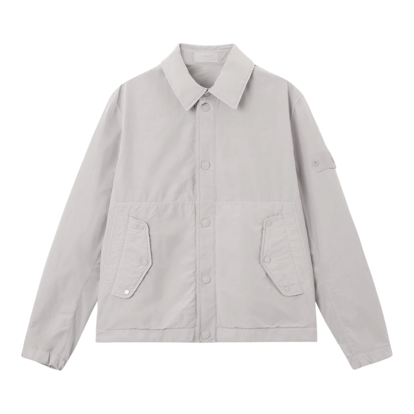 Urban Saints Stone Island grey lightweight technical overshirt with snap-button pockets and sleeve patch.
