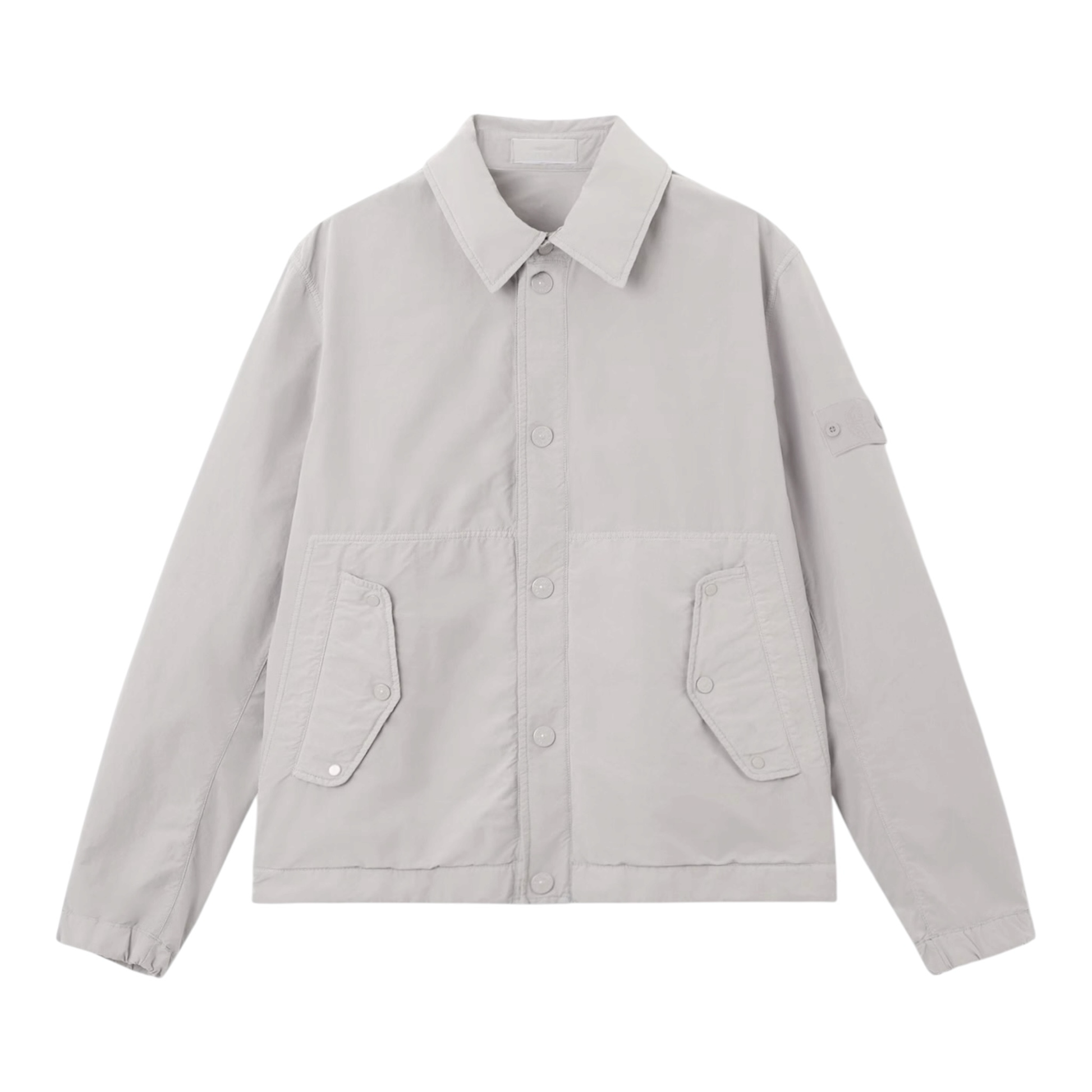 Urban Saints Stone Island grey lightweight technical overshirt with snap-button pockets and sleeve patch.