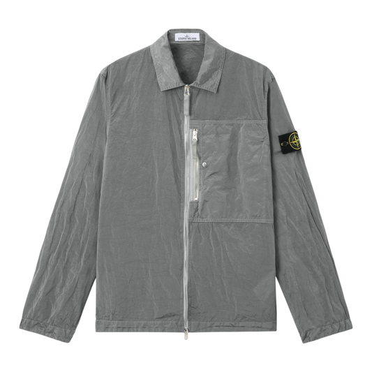 Urban Saints grey Stone Island lightweight zip-up overshirt with crinkled fabric, chest pocket, and sleeve compass patch