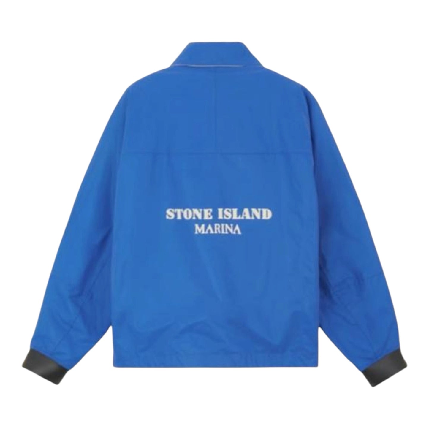 Urban Saints blue Stone Island Marina utility jacket with back logo branding and contrasting cuffs
