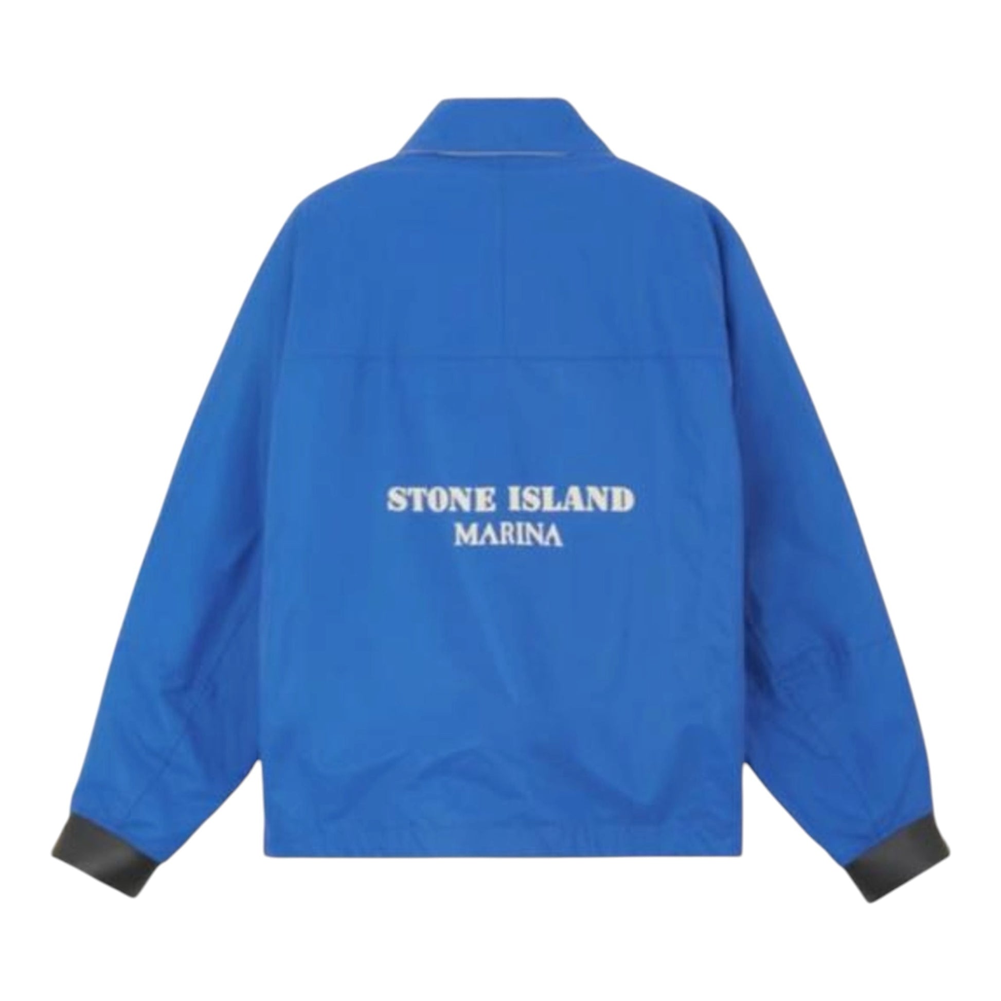 Urban Saints blue Stone Island Marina utility jacket with back logo branding and contrasting cuffs