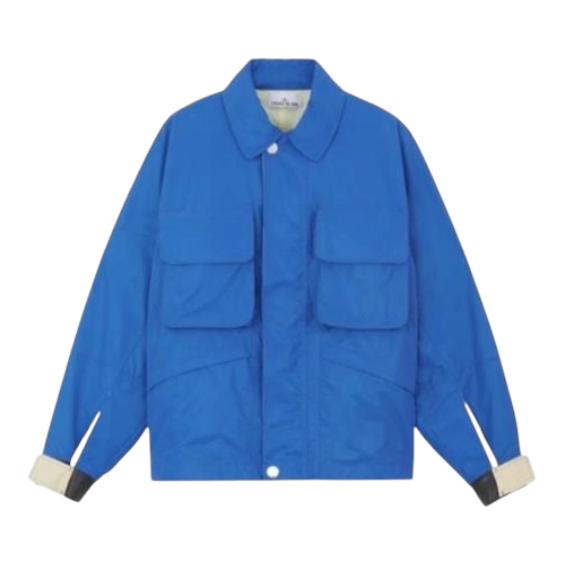 Urban Saints Stone Island Marina blue technical utility jacket with two chest pockets and contrasting cuff details.