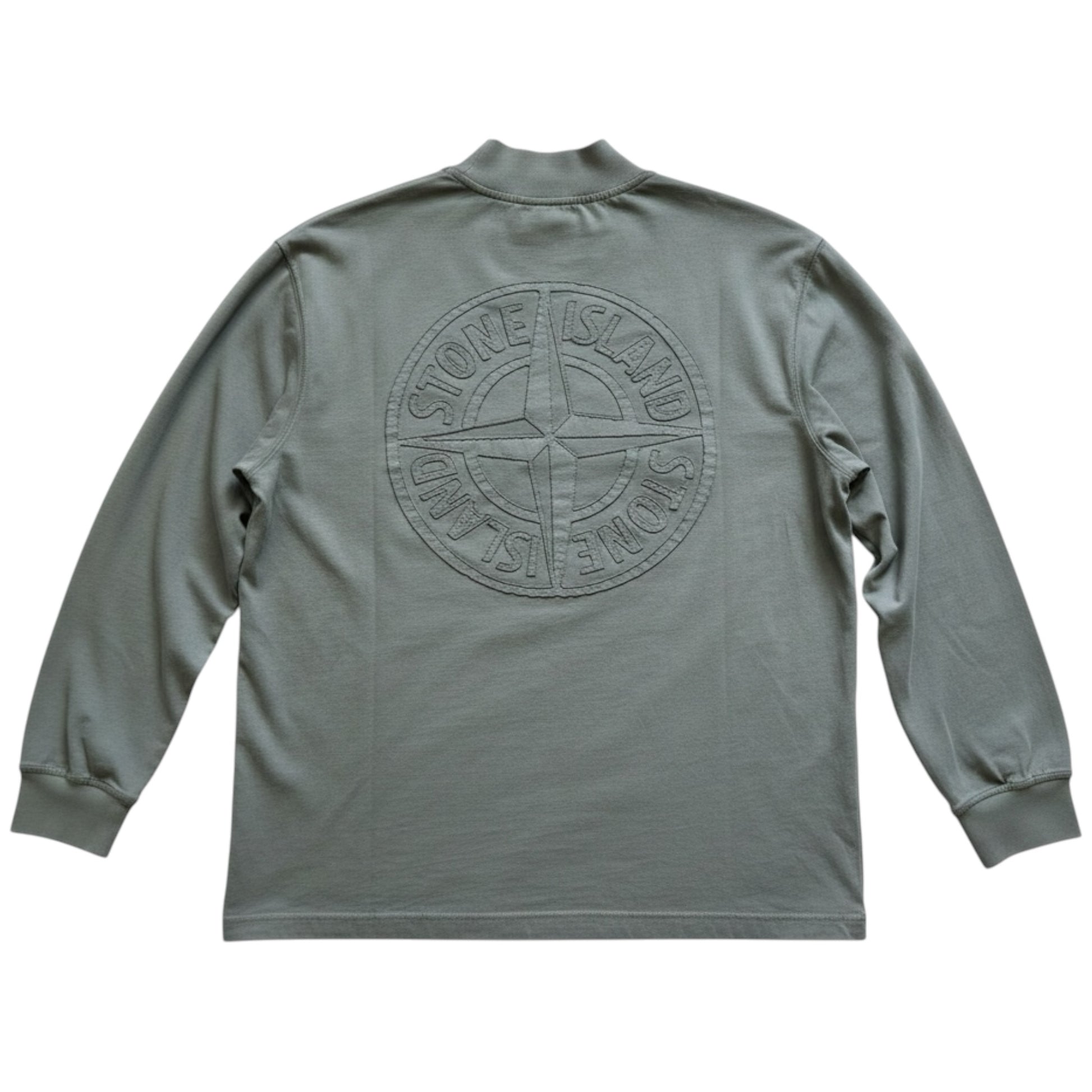 Urban Saints sage green Stone Island long sleeve mock neck top with large tonal embossed compass logo on the back.