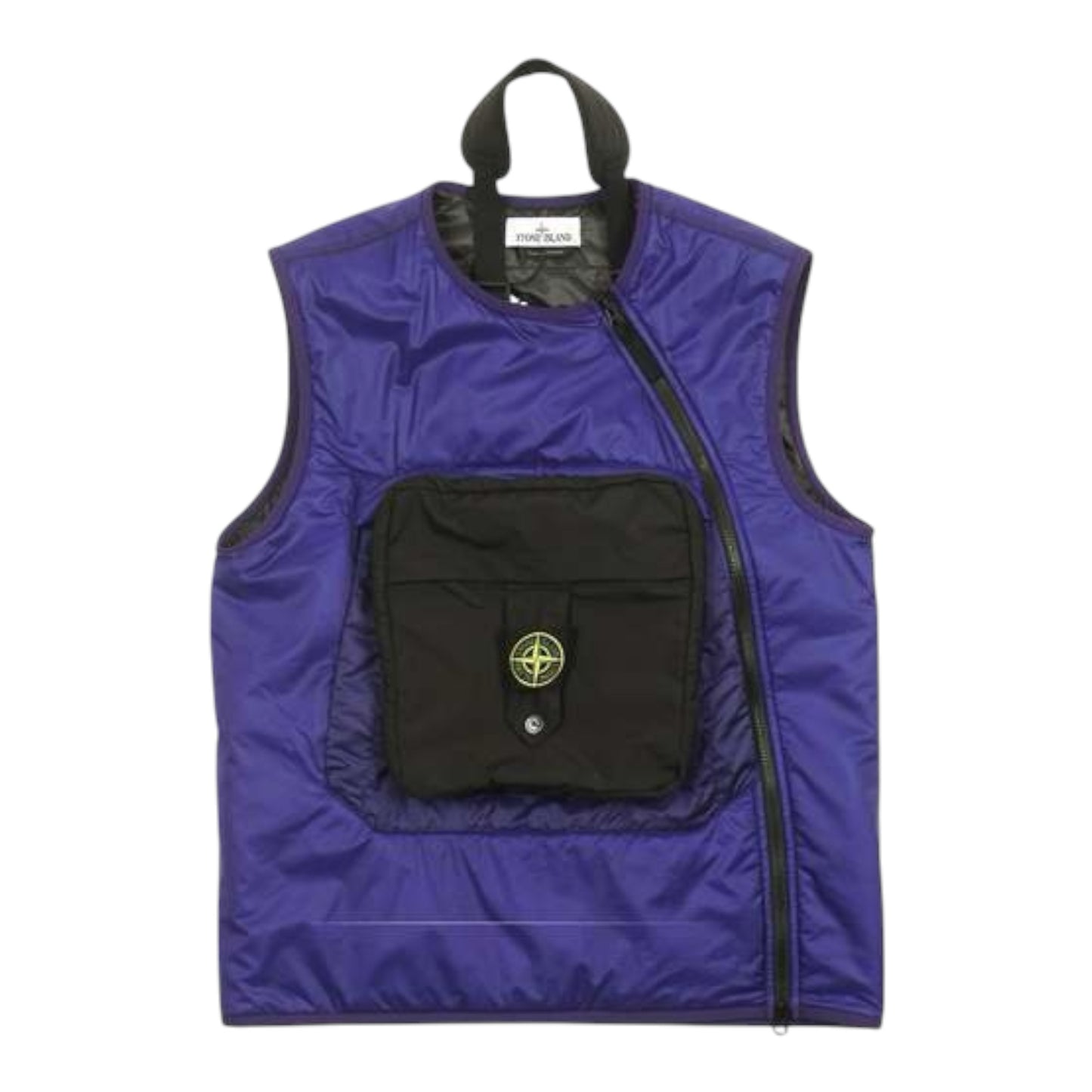 Urban Saints purple modular technical vest with black detachable utility pocket and signature Stone Island compass patch.