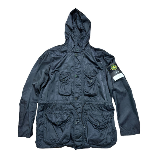 Urban Saints Stone Island black nylon hooded field jacket with four front pockets and signature compass sleeve patch.