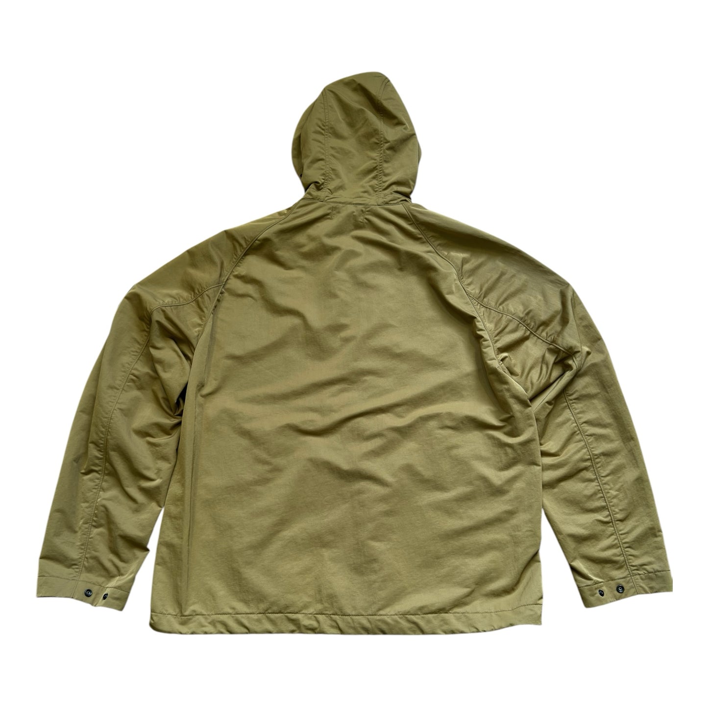 Urban Saints Stone Island olive-khaki hooded zip-up jacket in high-density nylon with a minimalist back view.