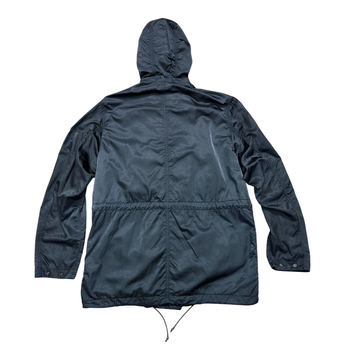 Urban Saints Stone Island Nylon Raso-TC hooded field jacket in dark navy with drawstring waist and back view.