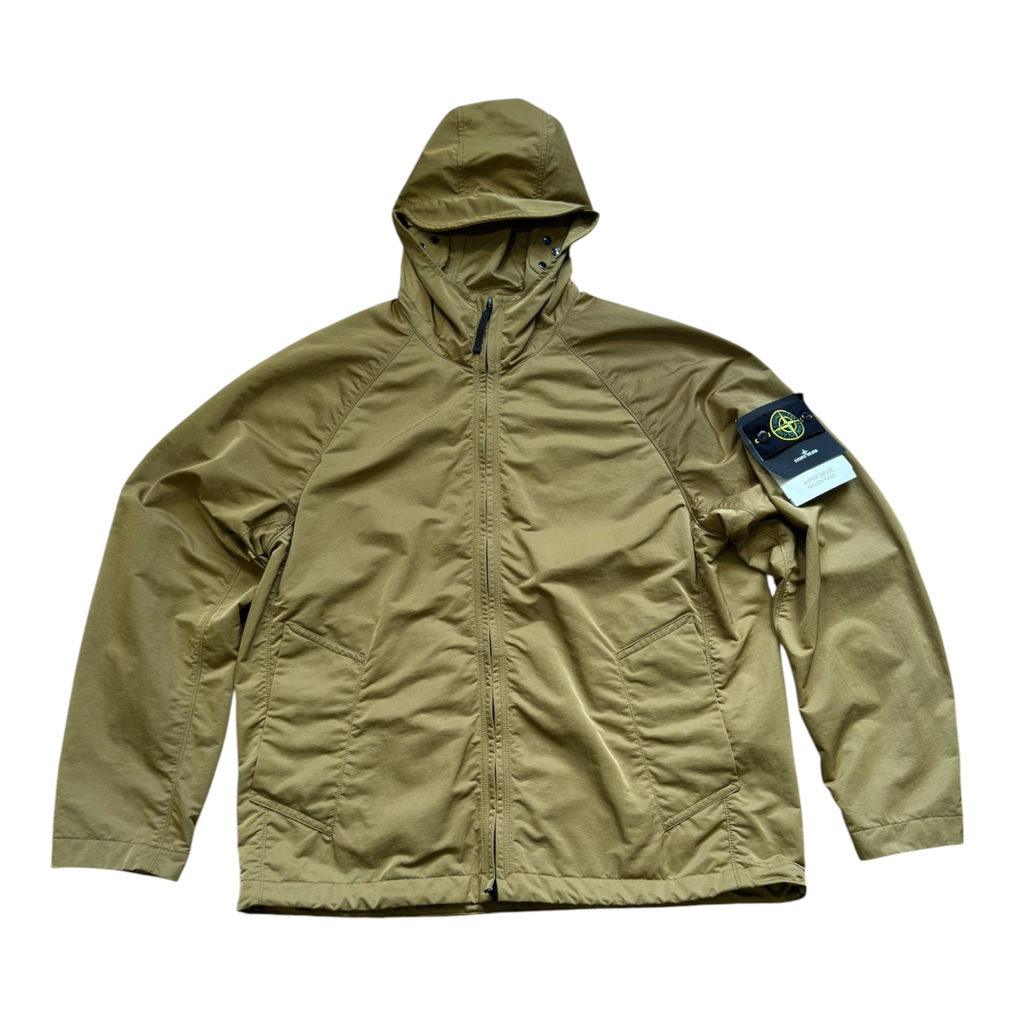 Urban Saints Stone Island olive-khaki hooded zip-up jacket in high-density nylon with signature sleeve compass patch.