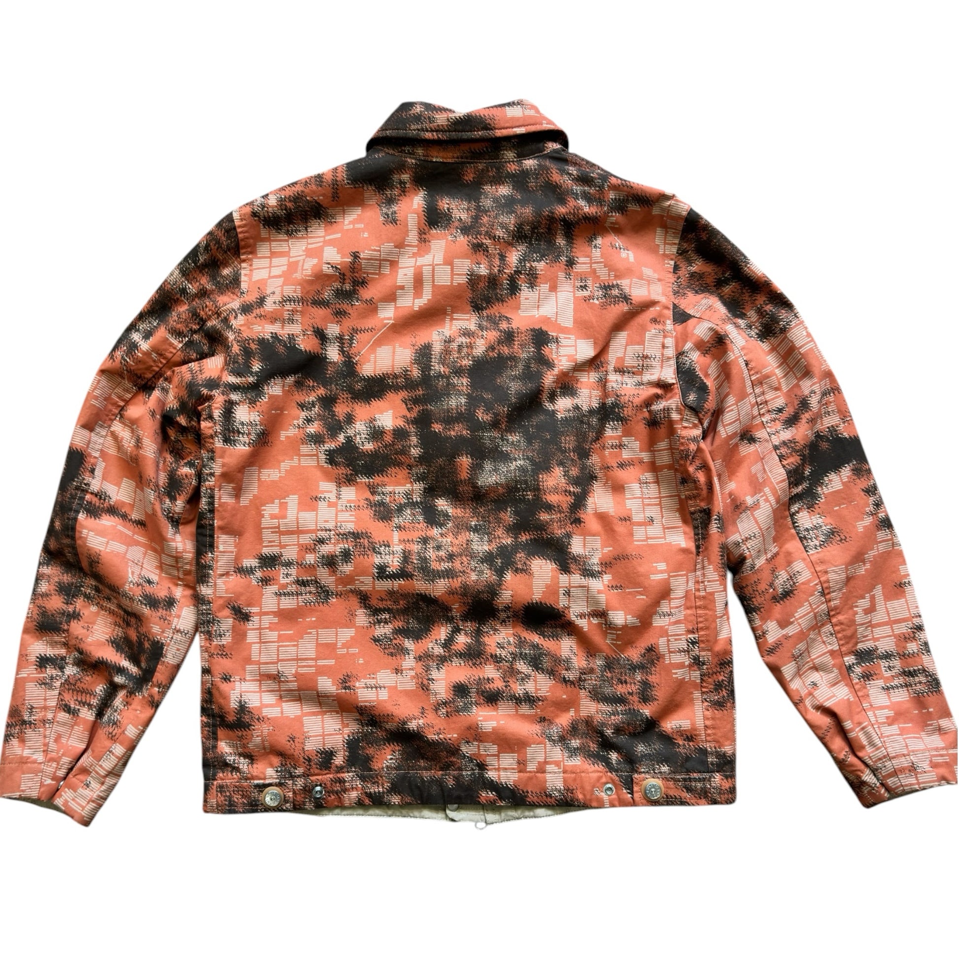 Urban Saints Stone Island cotton canvas jacket in orange and black Earth Mapping camouflage print, back view.