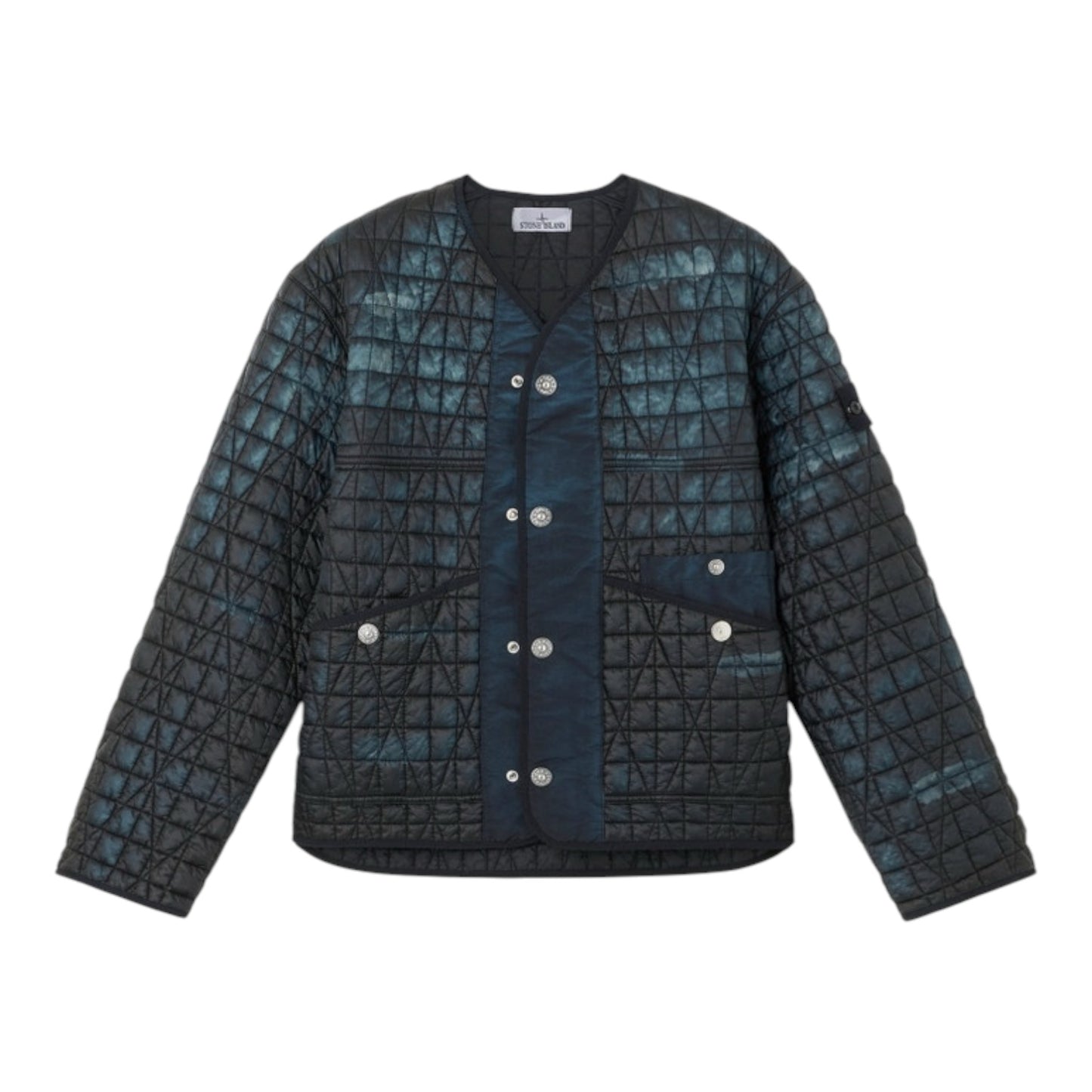 Urban Saints Stone Island quilted liner jacket in black with a washed-effect finish, button front and compass patch.