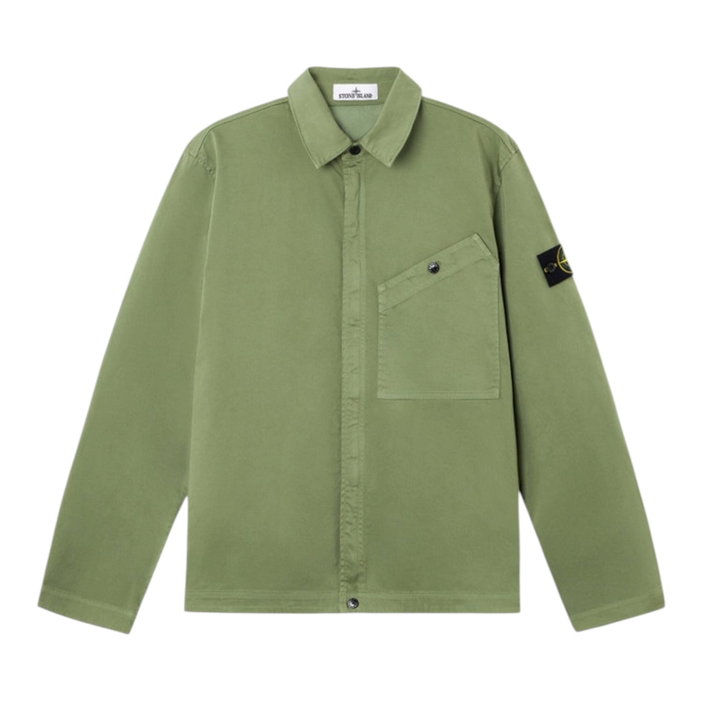 Urban Saints Stone Island sage green cotton long sleeve overshirt with angled chest pocket and signature sleeve badge.