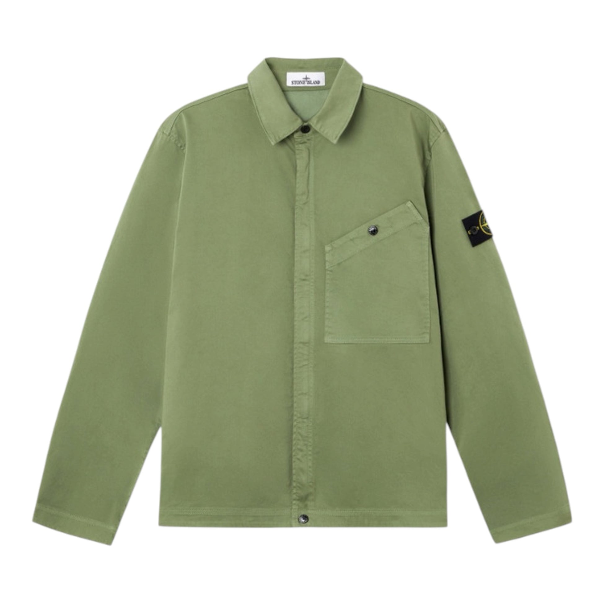 Urban Saints Stone Island sage green cotton long sleeve overshirt with angled chest pocket and signature sleeve badge.