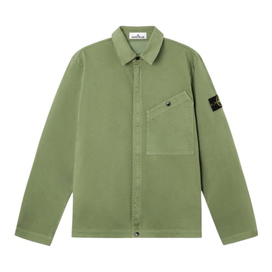 Urban Saints Stone Island sage green cotton long sleeve overshirt with angled chest pocket and signature sleeve badge.