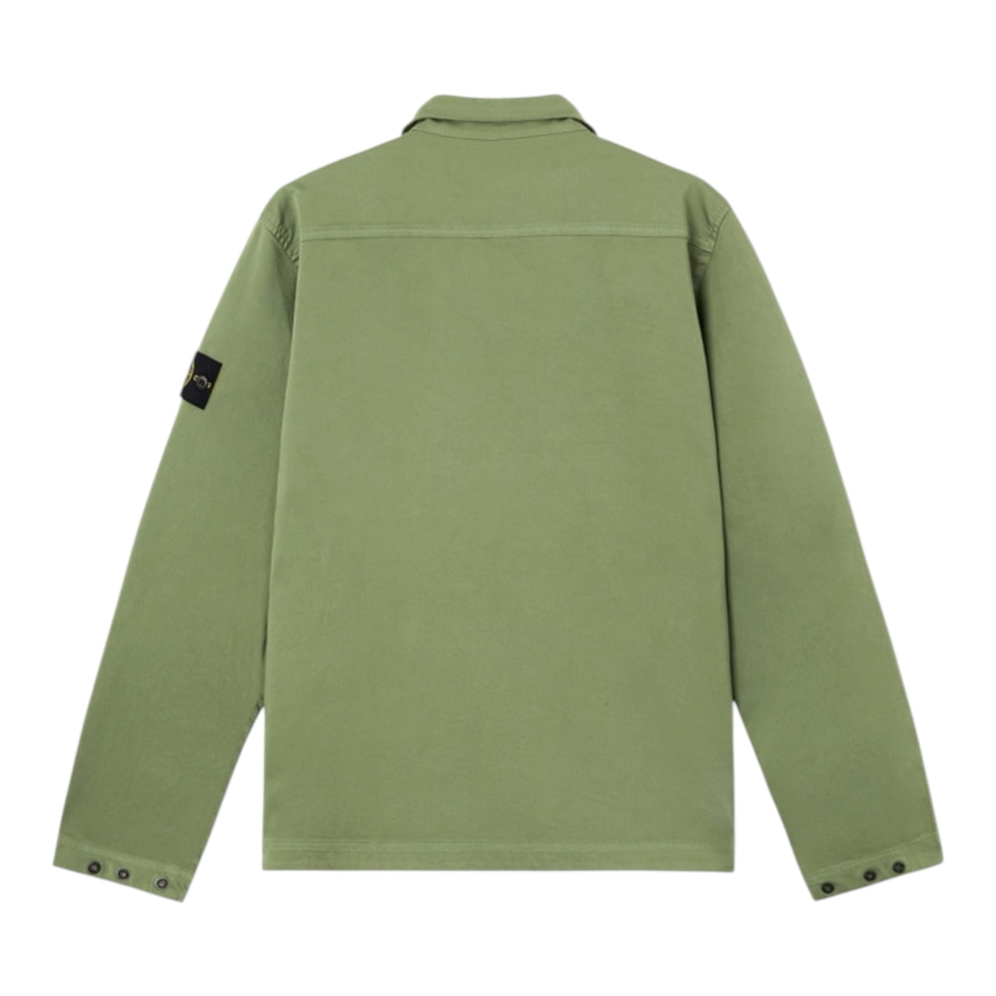 Urban Saints Stone Island sage green cotton long sleeve overshirt with signature sleeve badge and button cuffs.