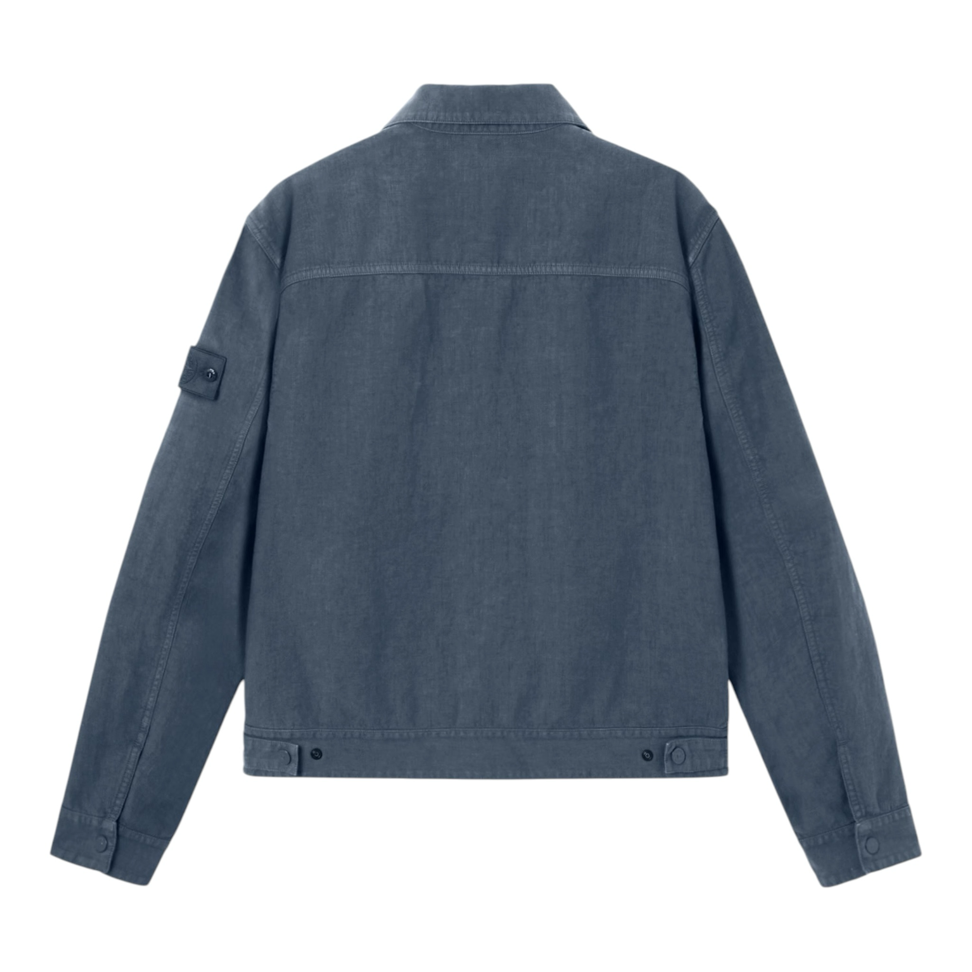 Urban Saints Stone Island blue garment-dyed utility jacket with signature sleeve badge and button-tab hem.