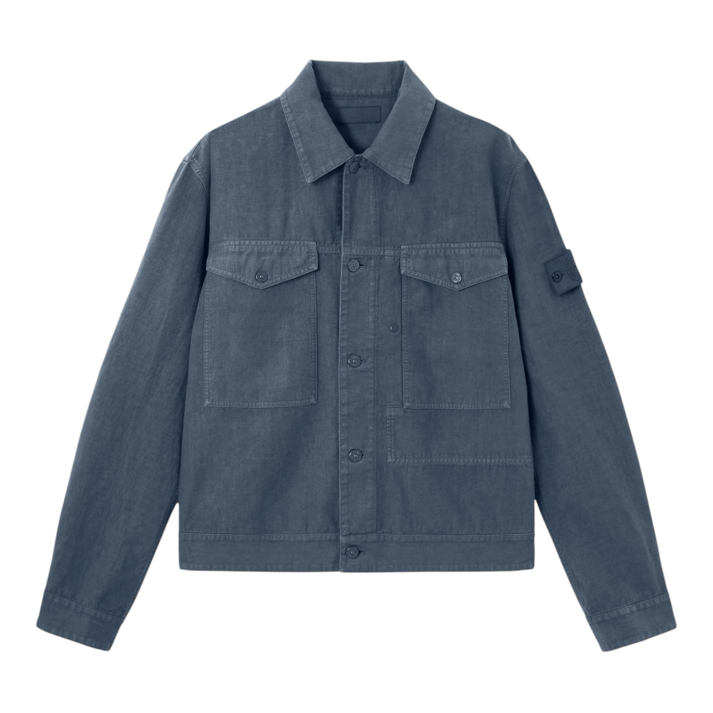 Urban Saints Stone Island blue garment-dyed utility jacket with chest pockets and signature sleeve badge.