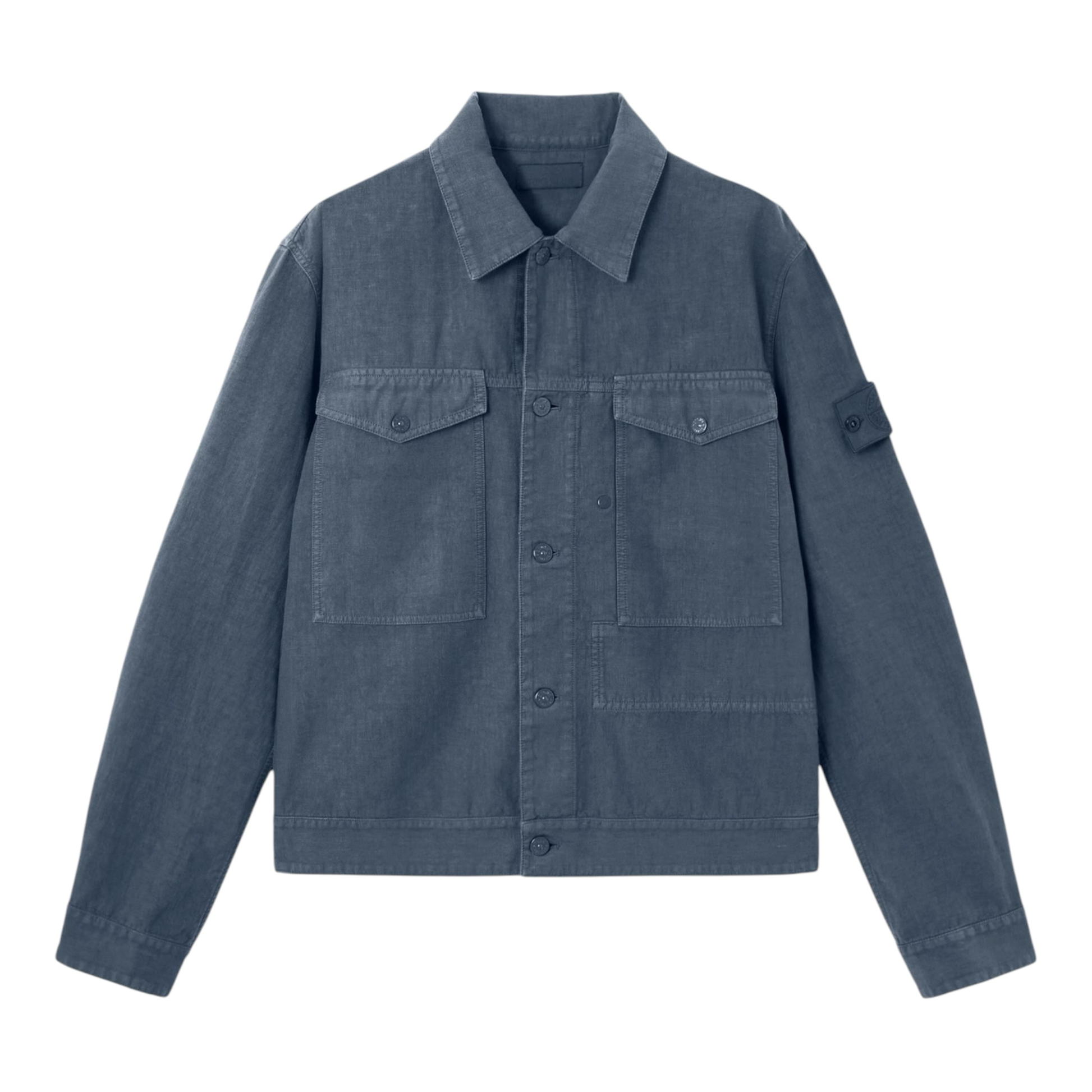 Urban Saints Stone Island blue garment-dyed utility jacket with chest pockets and signature sleeve badge.