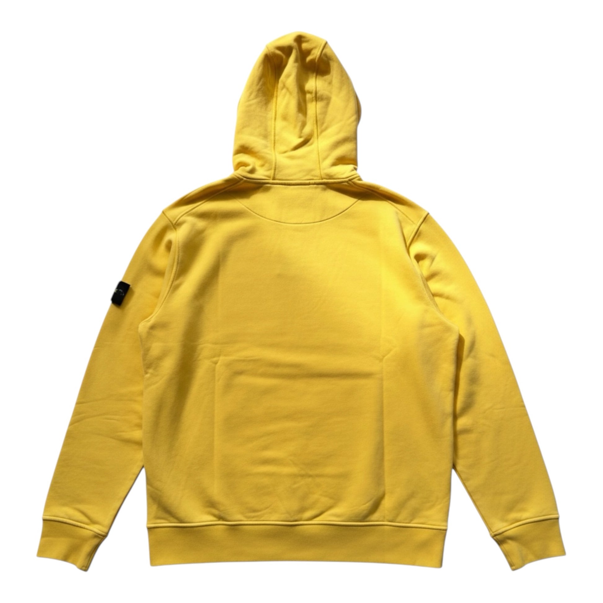Urban Saints yellow Stone Island cotton pullover hoodie with signature sleeve badge and ribbed hem.