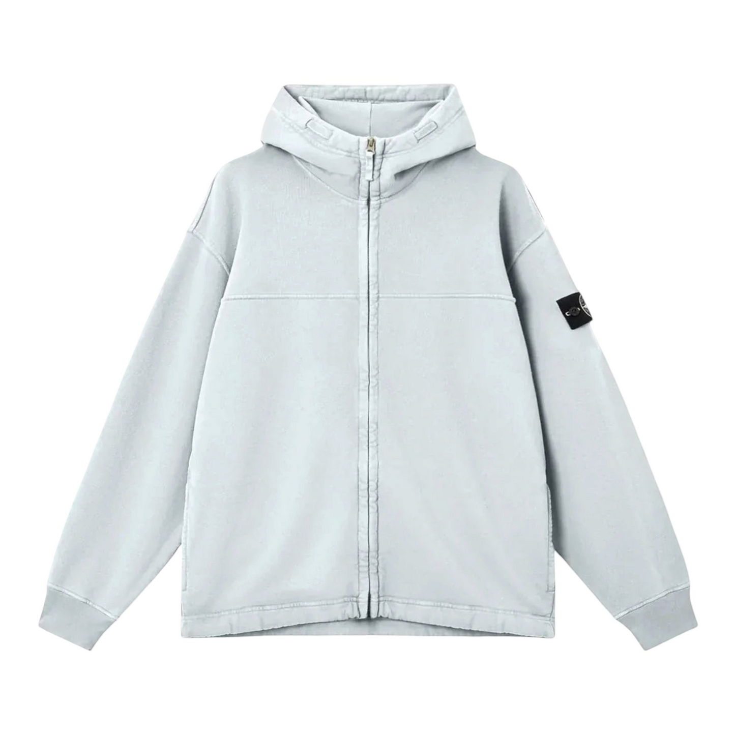 Urban Saints Stone Island light grey garment-dyed cotton full-zip hoodie with iconic sleeve patch and ribbed cuffs.