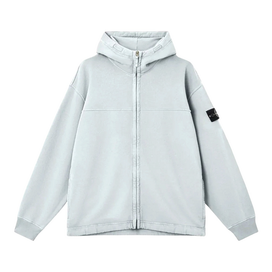 Urban Saints Stone Island light grey garment-dyed cotton full-zip hoodie with iconic sleeve patch and ribbed cuffs.