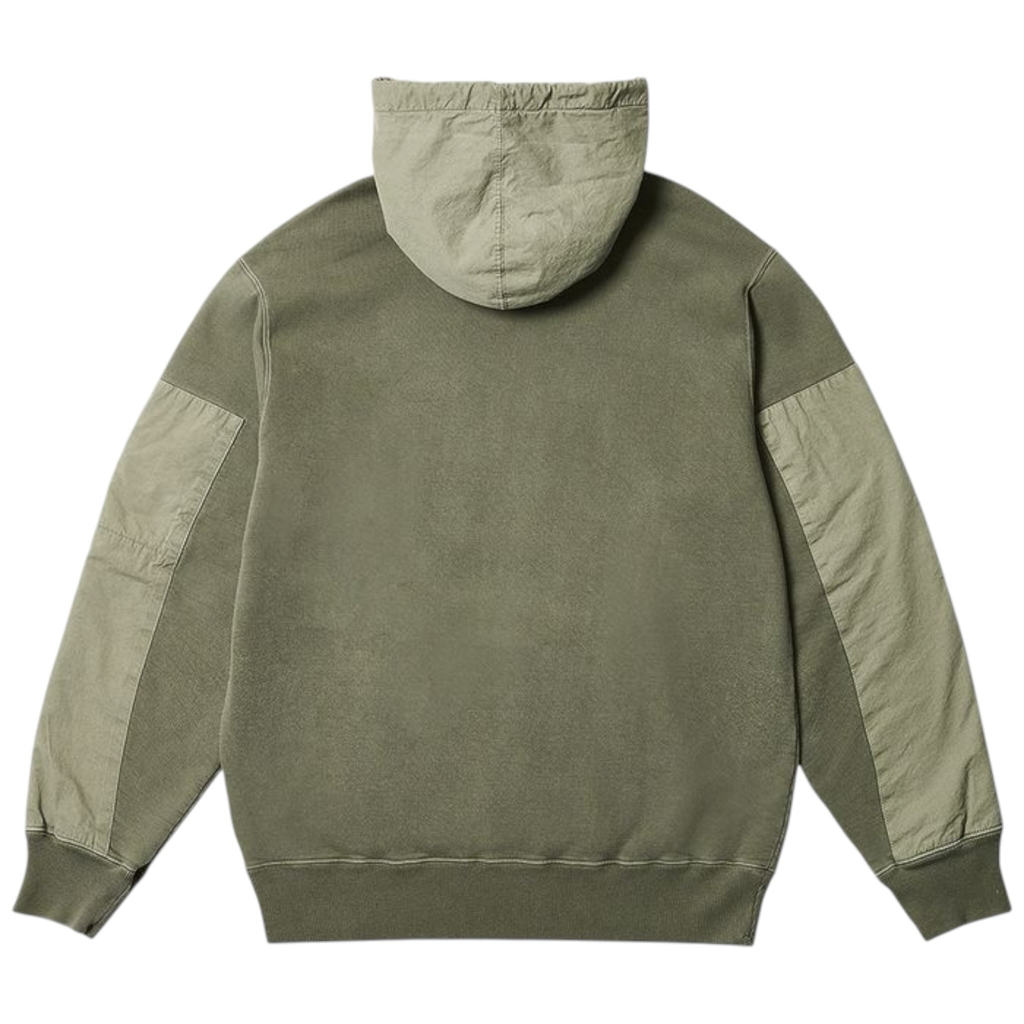 Urban Saints olive green cotton blend hoodie with contrast fabric panels on sleeves and drawstring hood.