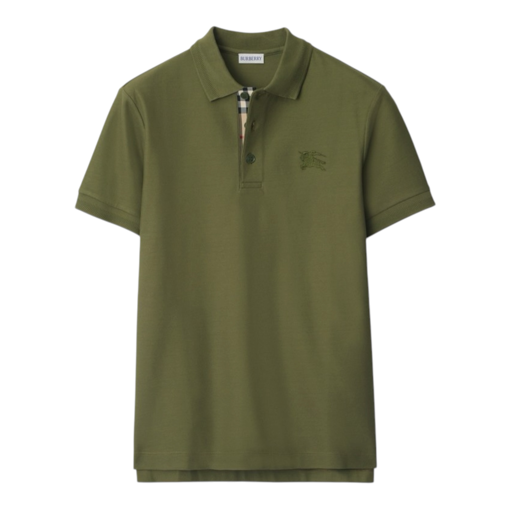 Urban Saints olive green cotton blend polo shirt with embroidered logo and signature check placket lining.