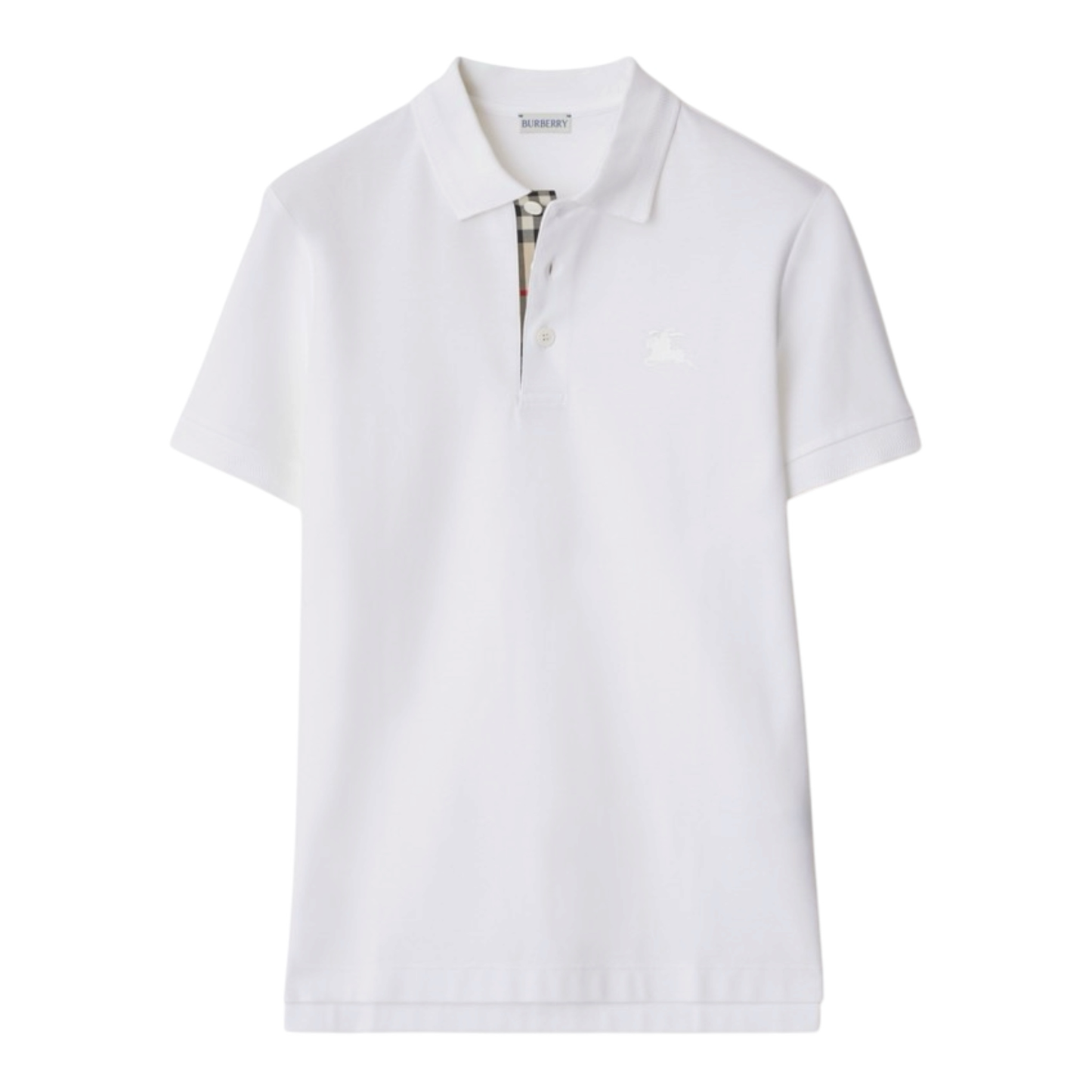 Urban Saints white cotton short sleeve polo shirt with Burberry check placket and embroidered Equestrian Knight motif.