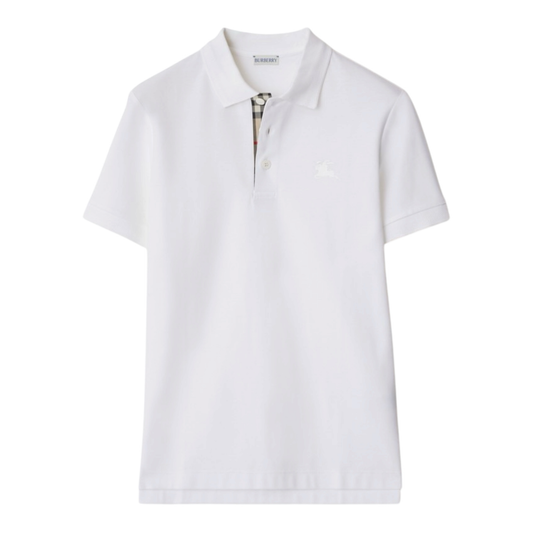 Urban Saints white cotton short sleeve polo shirt with Burberry check placket and embroidered Equestrian Knight motif.